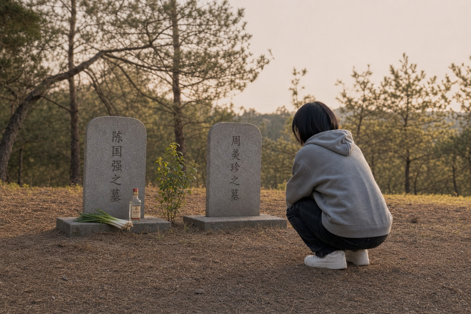 苏听蹲在墓前